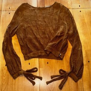 FAVLUX Rich Brown Textured Cropped Blouse with Bow Cuffs‎